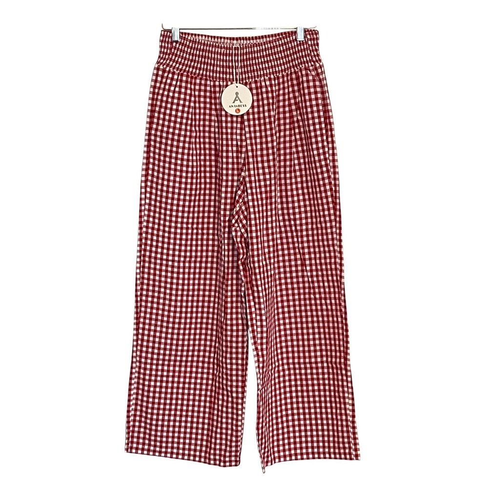 Anrabess Red White Gingham Wide Leg Pants Smocked High Waist Rayon Large NEW